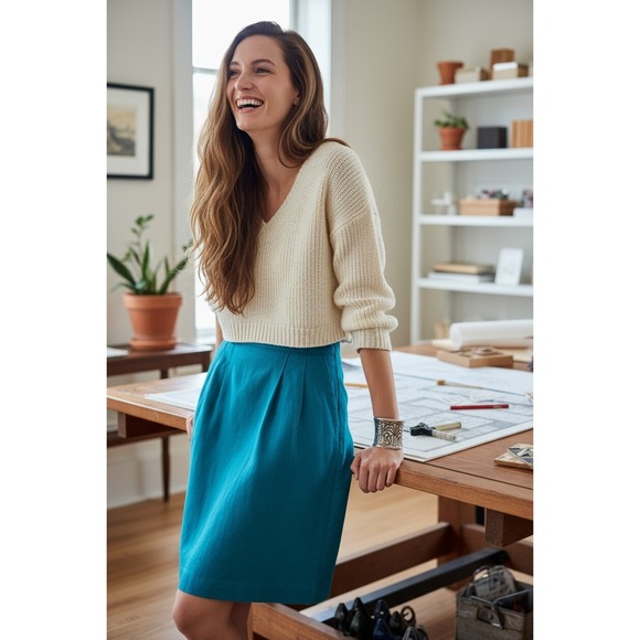 Sk & Company Dresses & Skirts - VTG 80s SK & Company Turquoise Pure Silk Pencil Skirt Pockets Size 6 Office Work